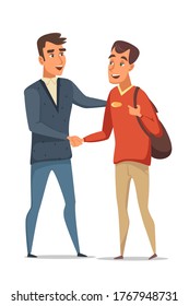Two men shake hands with each other isolated on white background. Meeting and greeting friends. Businessmen deal agreement. Vector character illustration of partnership cooperation, communication