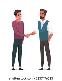 Two men shake hands with each other isolated on white background. Meeting and greeting friends. Businessmen deal agreement. Vector character illustration of partnership cooperation, communication.