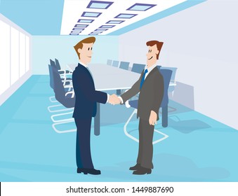 Two men shake hands.Office,room for work,interior .Vector image.