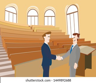 Two men shake hands.University,lecture hall .Vector image.