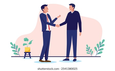 Dois homens apertando as mãos - Empresários no trabalho fazendo um aperto de mão sobre o acordo e negociar no trabalho, sorrindo e trabalhando juntos em parceria. Ilustração de stock de vetor de design plano sobre fundo branco