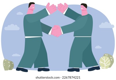 Two men shaking hands. Cartoon vector graphics.