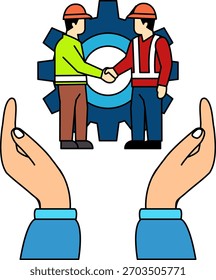 Dos hombres dándose la mano con un engranaje