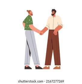 Two men shaking hands, greeting each other. Friends handshake. People partners colleagues smiling, standing and gesturing, thanking, respecting. Flat vector illustration isolated on white background