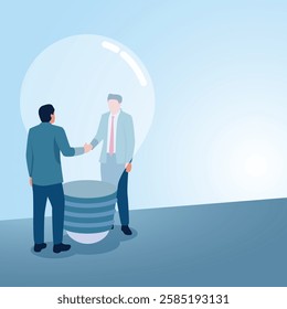 Two men shaking hands inside a lamp. Illustration for cooperation, leadership and unification.
