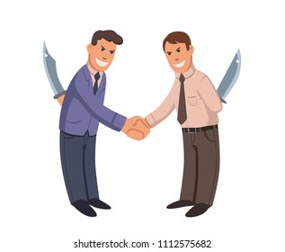 Two men shaking hands with knives behind their backs. Businessmen-hypocrites. Flat vector illustration. Isolated on white background.