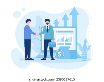 Two men are shaking hands on success in their business trending concept flat illustration