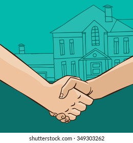 Two men shaking hands on the background of the house - sale or rental concept. Vector illustration