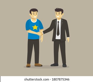 Two men shaking hands. One male character congratulates and shaking other male character's hand. Flat vector illustration template.