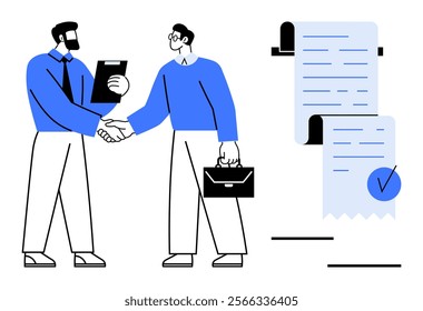 Two men shaking hands, one holding a briefcase and the other a clipboard. A large signed contract is visible. Ideal for business partnerships, agreements, professional deals, office relationships