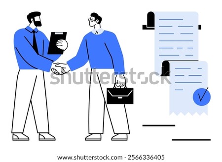 Two men shaking hands, one holding a briefcase and the other a clipboard. A large signed contract is visible. Ideal for business partnerships, agreements, professional deals, office relationships