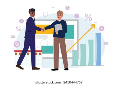 Two men shaking hands as sign of the good deal, agreement in flat style on black background. Unity in business concept illustration. 

