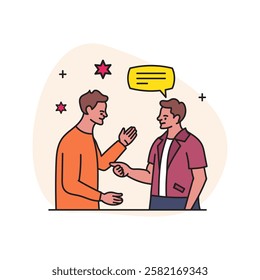 two men shaking hands with speech bubbles above them