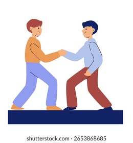 Two men shaking hands with strength -competition or partnership concept, flat vector