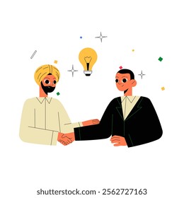 Two Men Shaking Hands Under Light Bulb In Flat Vector Illustration Symbolizing Partnership, Innovation, And Agreement, Isolated On White Background
