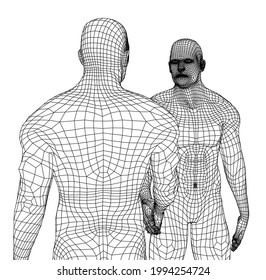 Two men shaking hands. Vector rendering of 3d. Wire-frame style. The concept of friendship, partnership and cooperation