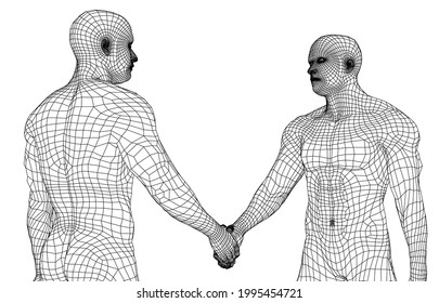 Two men shaking hands. Vector rendering of 3d. Wire-frame style. The concept of friendship, partnership and cooperation