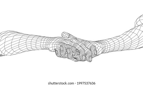 Zwei Männer zittern die Hand. Vektorgrafik von 3d. Wire-Frame-Stil. Das Konzept der Freundschaft, Partnerschaft und Zusammenarbeit