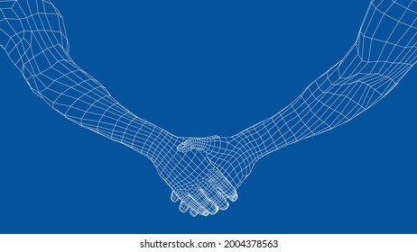 Two men shaking hands. Vector rendering of 3d. Wire-frame style. The concept of friendship, partnership and cooperation
