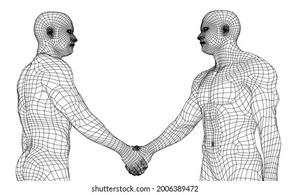 Two men shaking hands. Vector rendering of 3d. Wire-frame style. The concept of friendship, partnership and cooperation