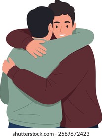 Two men share a heartfelt embrace, radiating happiness and friendship, with soft colors and a simple design that emphasizes their joyful connection.