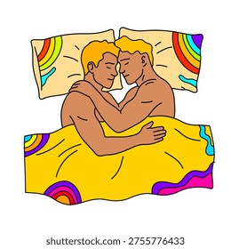 two men sharing intimate moment in bed under bright rainbow colored covers