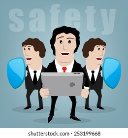 two men with shields protect the businessman with the tablet.