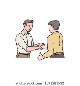 Two men in shirts came to an agreement, a business handshake of guys, a gesture of respect and approval thumbs up. Flat isolated vector illustration in cartoon style.