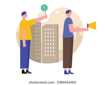 Dos hombres con camisas cortas amarillas y azules toman las calles de la ciudad para protestar, llevando megáfonos y carteles. Diseño de caracteres. Ilustración plana del vector