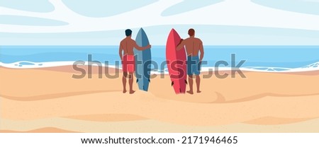 Two men in shorts with a serf board or surfboard on a sunny day at the beach. Beautiful view on the ocean.