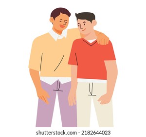 Two men are shoulder-to-shoulder and smiling friendly. flat design style vector illustration.