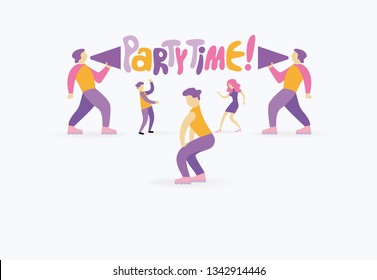 Two men shouting through megaphone, inviting to the party and a dancing people. Handwritten cartoon style slogan “Party Time”