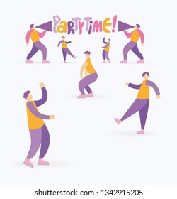 Two men shouting through megaphone, inviting to the party and a dancing people. Handwritten cartoon style slogan “Party Time”