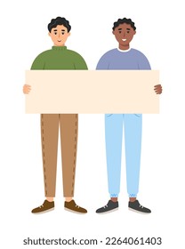 Two men showing a blank sign together. Template for information campaign, advertising or peace demonstration themes. Vector illustration in flat style isolated on white background.