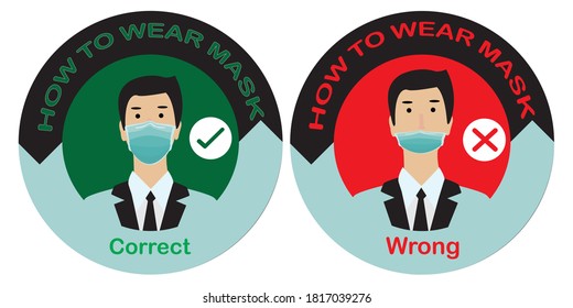 Two men showing how to wearing protective mask correctly.How to wear a face mask correct and wrong.