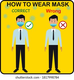 Two men showing how to wearing protective mask correctly.How to wear a face mask correct and wrong.