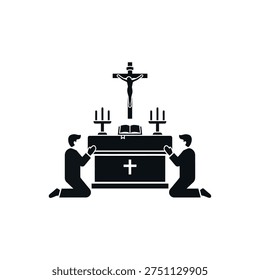 Two men are shown kneeling in prayer before an altar, which is adorned with a crucifix, an open book, and two candelabras with lit candles.