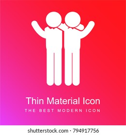 Two men side by side in a hug with raised arms red and pink gradient material white icon minimal design
