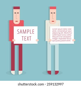 Two men with signs, vector cartoon illustration, flat style, place for your text