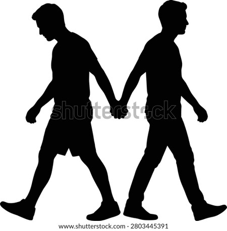 Two men silhouette holding hands while walking in opposite directions, relationship breakup concept icon on white background