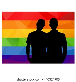 Two men silhouette with multicolored rainbow flag.
