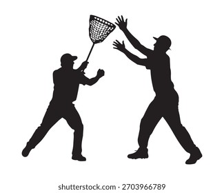 Two men in silhouette, one with a net, reaching for a catch. Distinctive silhouette style.
