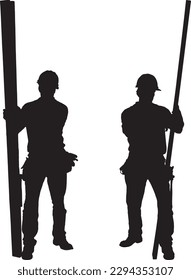 Two men silhouette standing with pole and a white background