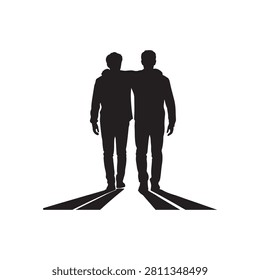 Two men in silhouette walking arm in arm with long shadows on a white background Keywords: silhouette, men, friends
