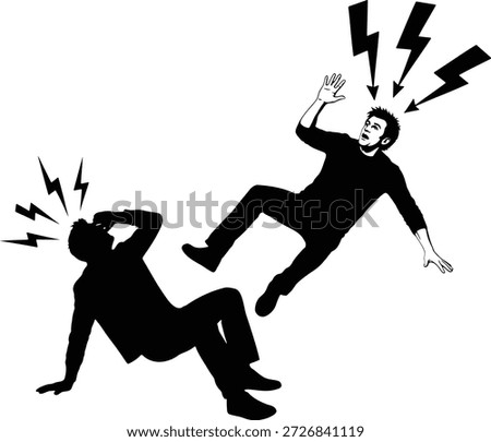 Two men silhouetted black figures struck by lightning symbols in dynamic poses on white background