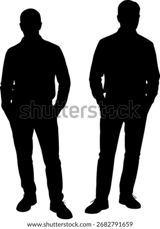 Two men silhouettes standing confidently side by side casual attire vector