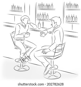 Two men sit in the bar at a bar counter. They're talking and drinking alcohol cocktails and strong drinks. Vector monochrome drawing drawn by the lines.