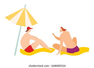 Two men sit on the beach under umbrella. People talking and relax near the sea. Summer relax and outdoor activities. Summer holiday rest. Flat cartoon illustration