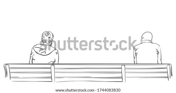 2人の男が 後ろから見て お互いに遠く離れたベンチに座る ベクタースケッチ手描きのイラスト のベクター画像素材 ロイヤリティフリー