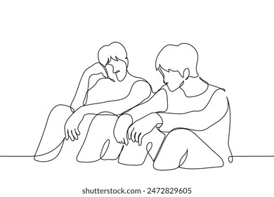 two men sit side by side on the floor or ground resting their outstretched arms on their knees - one line art vector. concept of friends talking, waiting together. Handmade vector not AI